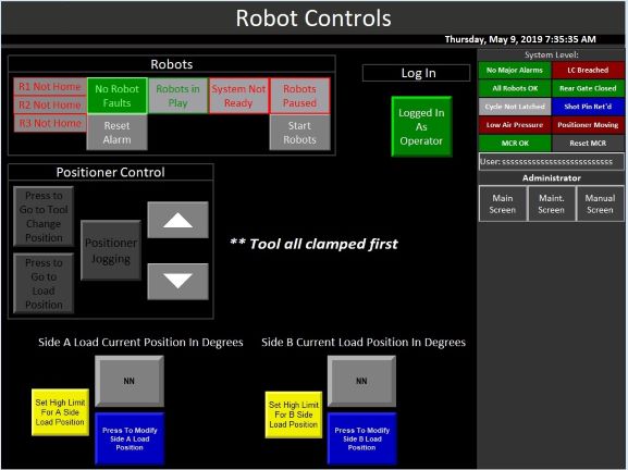 robotic system hmi screen touchscreen interface human machine operation ladder logic allen bradley siemens automation direct omron mitsubishi keyence pilz