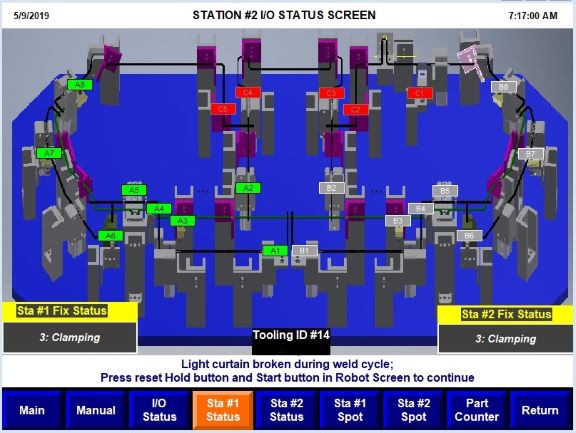 robotic fixture tool status troubleshooting sensors part error detection reporting operator problem identification hmi touchscreen programming